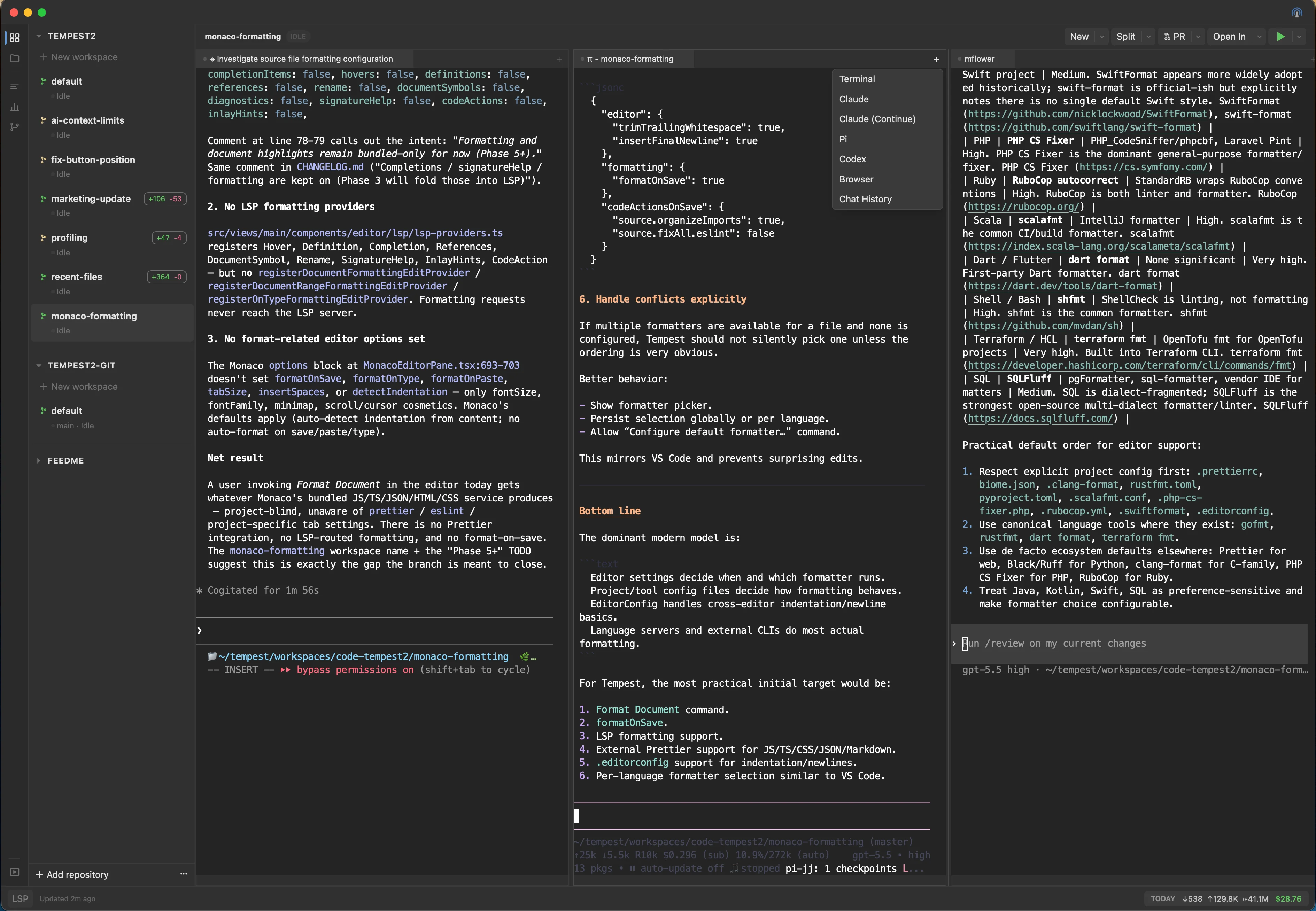 Three coding agents — Claude, Codex, and Pi — running side by side in Tempest tabs, each mid-conversation, with activity dots in different states.