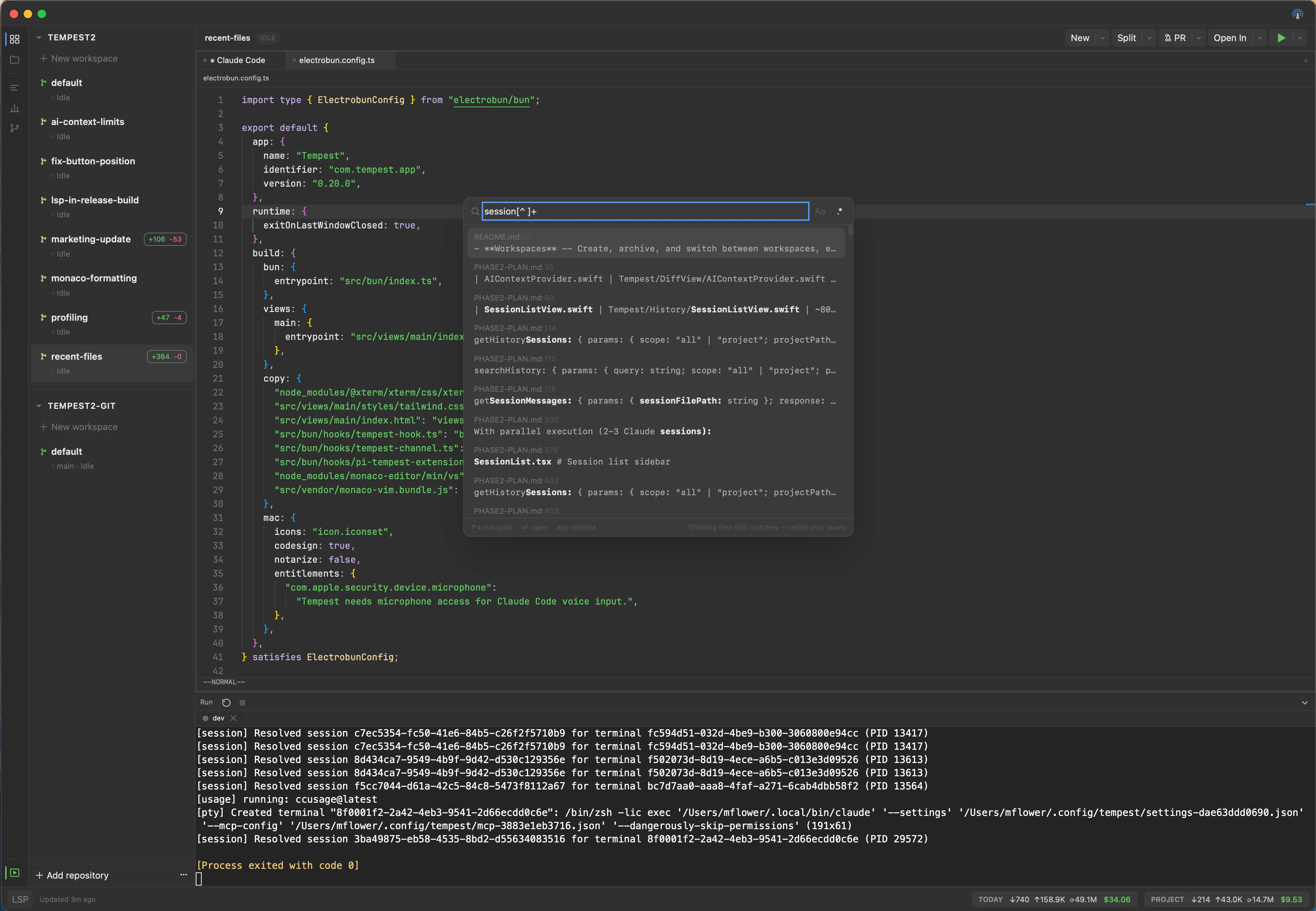 Find in Files modal centered over the workspace, showing a regex query, several matched lines with bolded spans, and Enter-to-jump hint.