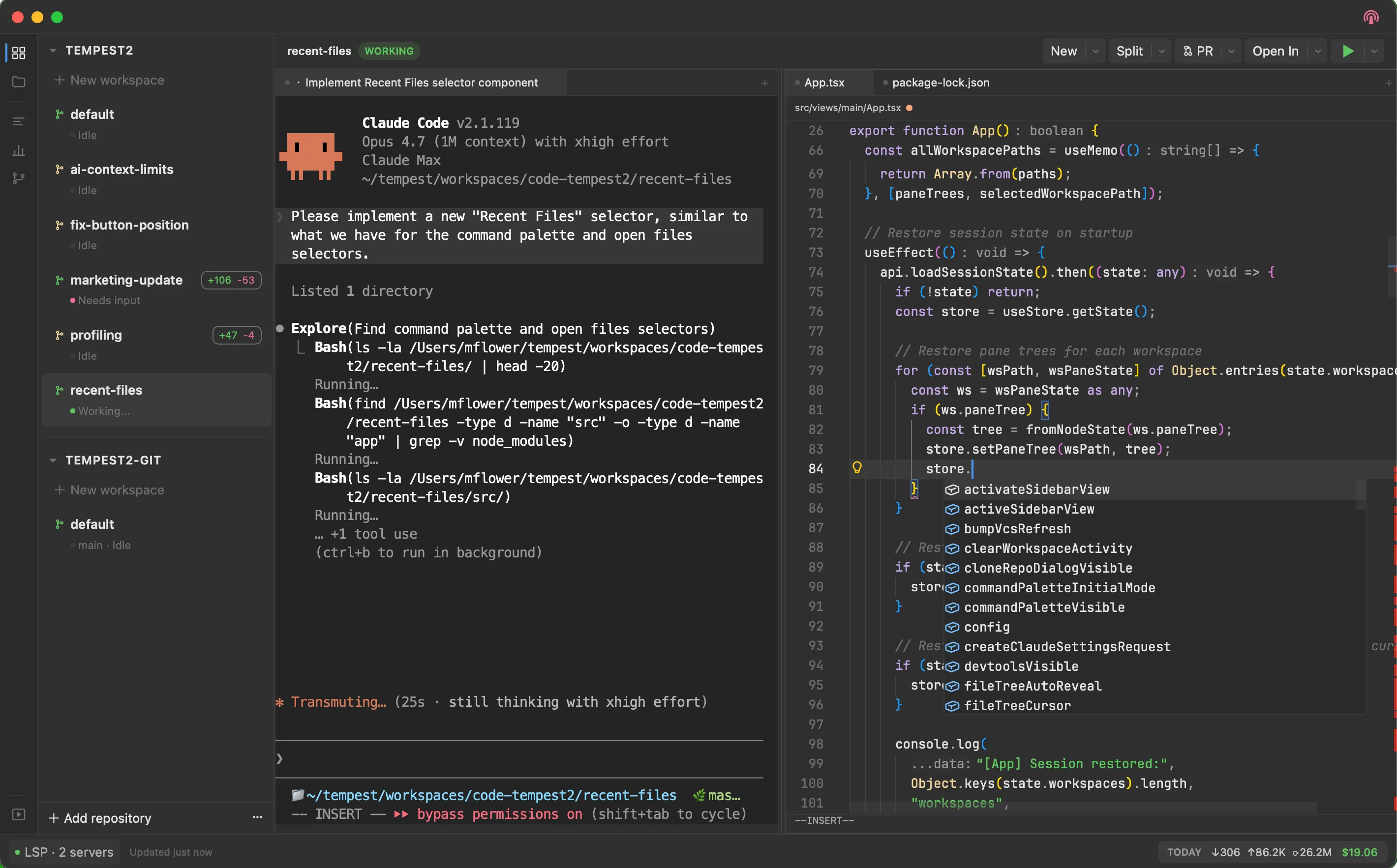 Tempest workspace: Monaco editor with LSP diagnostics, a Claude Code tab streaming a response, and the Workspaces sidebar showing per-workspace activity dots.
