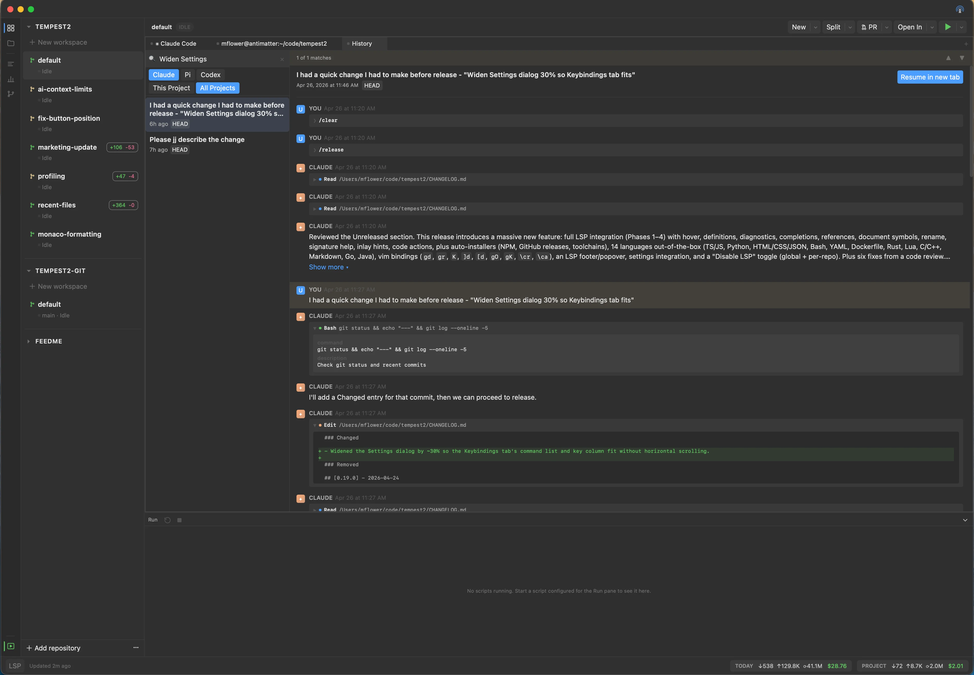 Tempest's chat history viewer with provider toggle, search input, filtered session list, and an expanded session showing tool calls.