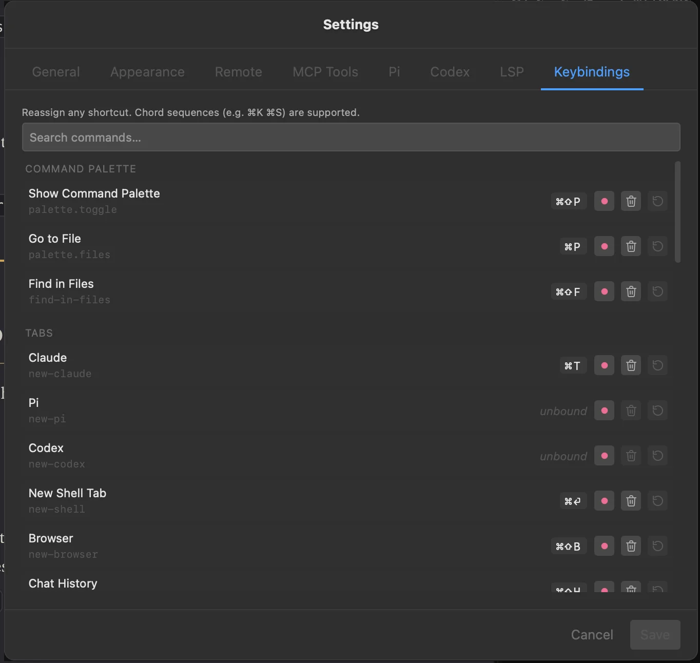 Settings → Keybindings dialog with a search filter, a binding being captured as a chord, and a conflict warning.