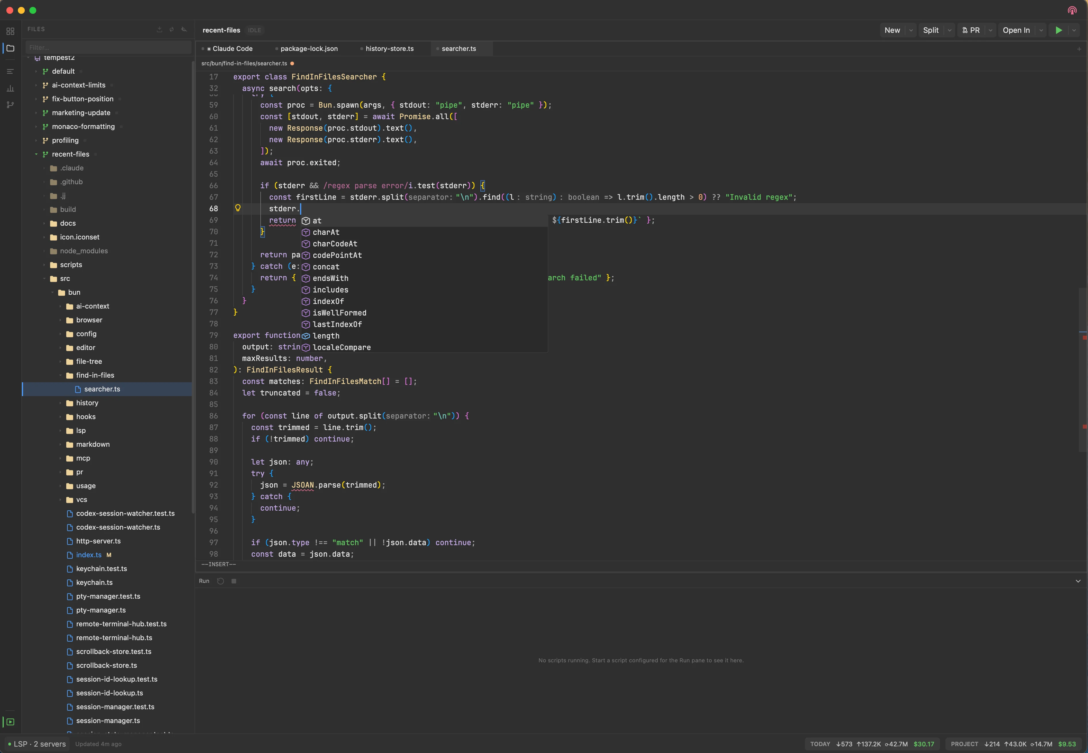 Monaco editor showing an LSP hover popup, with the footer LSP popover open listing running language servers grouped by workspace.