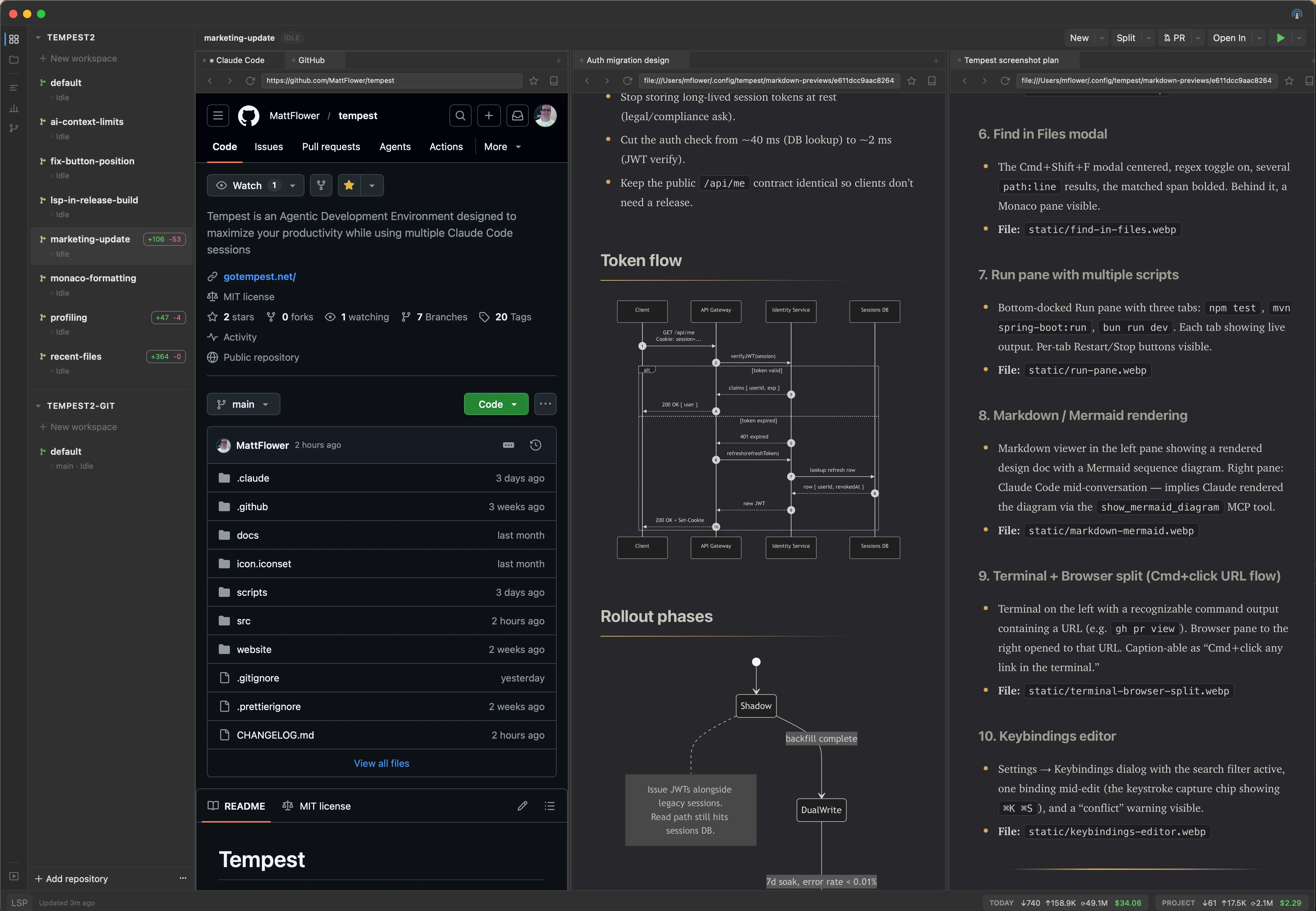 Markdown viewer rendering a design doc with a Mermaid sequence diagram next to a Claude Code conversation.
