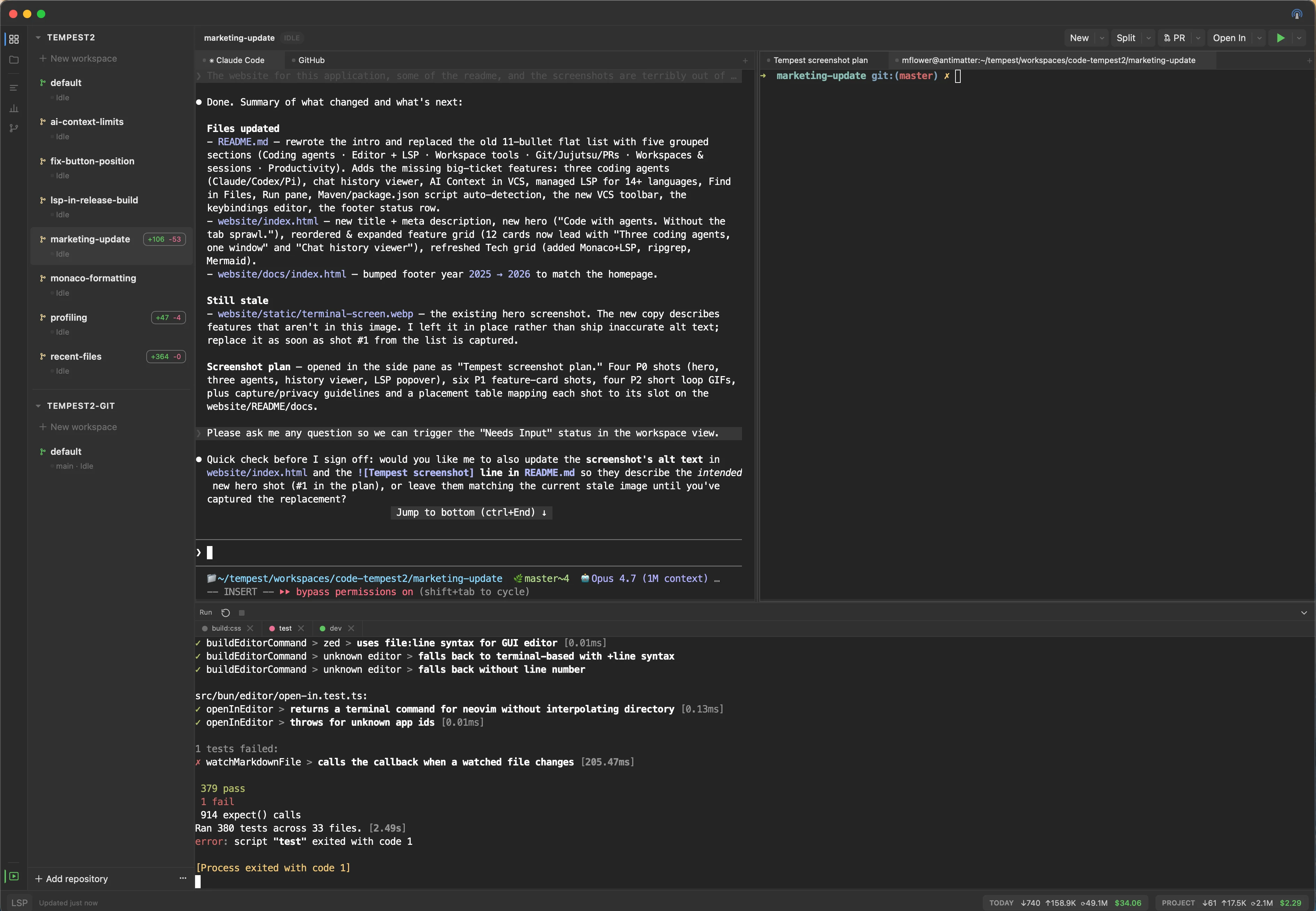 Dockable bottom Run pane with multiple script tabs running in parallel, each with Restart and Stop controls.