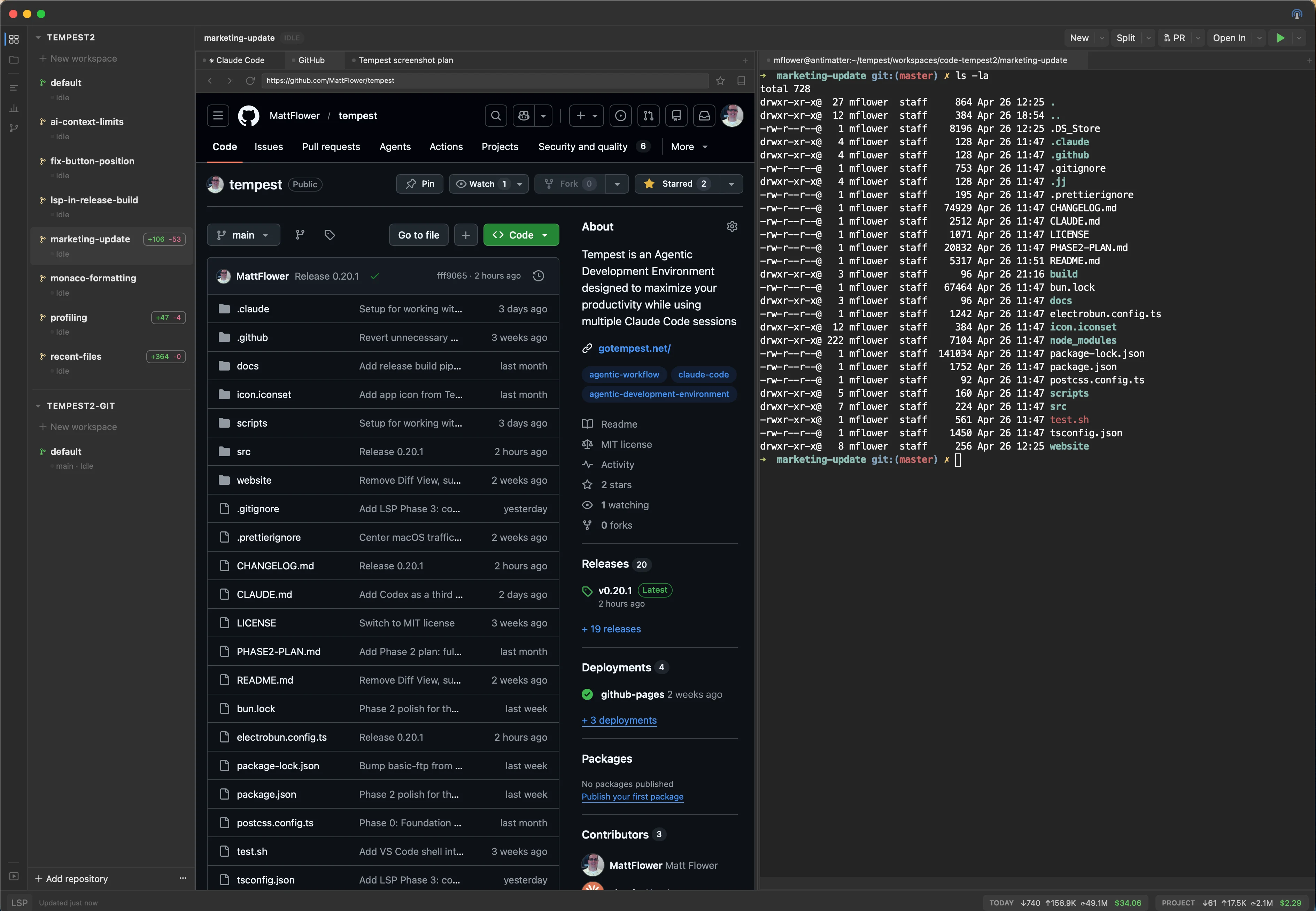 Terminal pane on the left with a URL in its output, opened as a Browser pane on the right via Cmd+click.