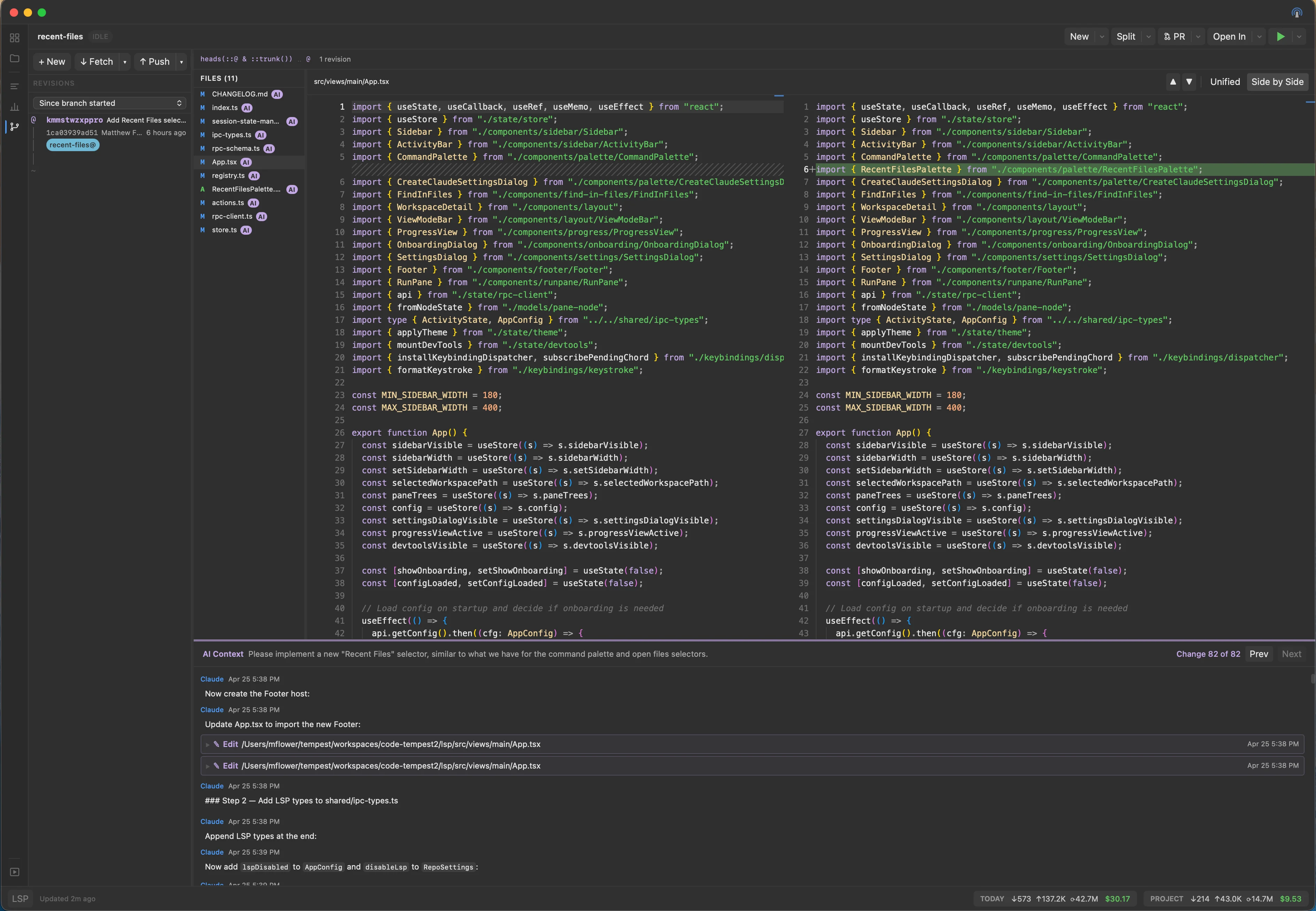 Tempest's VCS view showing the Pull / Push / Merge / Rebase toolbar, a branch picker dropdown, and a file diff with an AI Context chip.